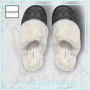 COACH Charcoal Jacquard and Faux Fur Slippers Super Comfortable